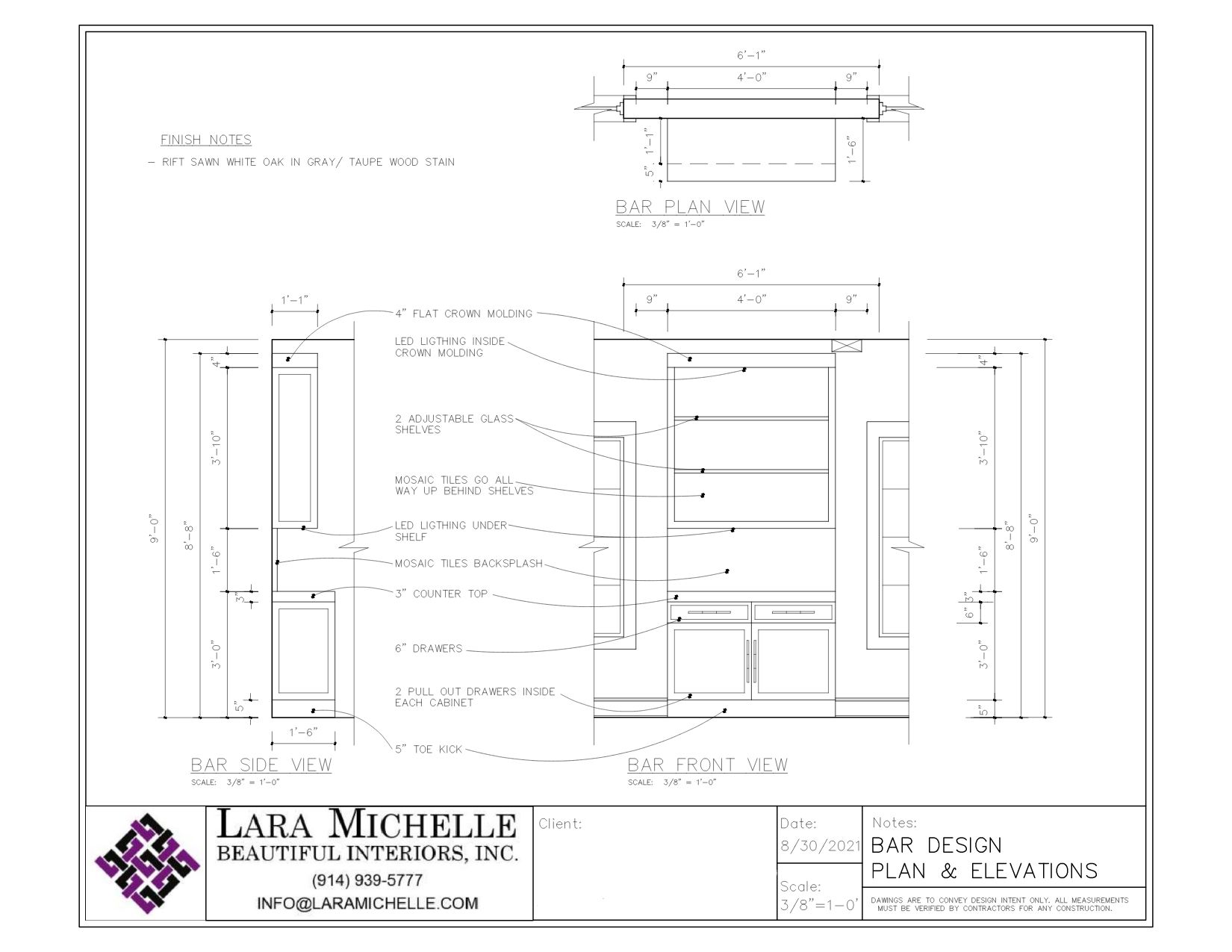 Custom built-in bar design drawing by Lara Michelle Interiors Inc. Westchester NY and Greenwich CT